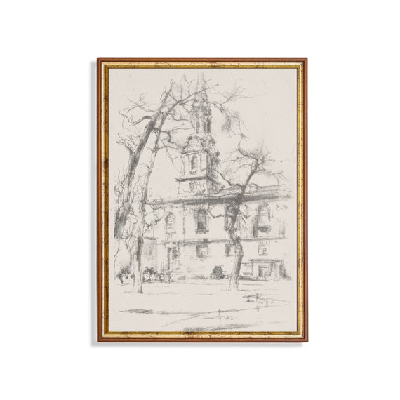 Vintage Wall Art Architecture Sketch Drawing Print Neutral Antique Art Vertical Wall Art Rustic Art
