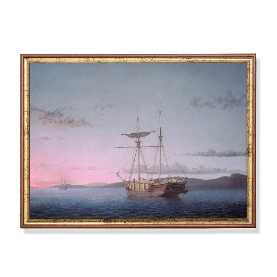 Sailing Ship at Sunset with a Pink Sky Vintage Nautical Poster