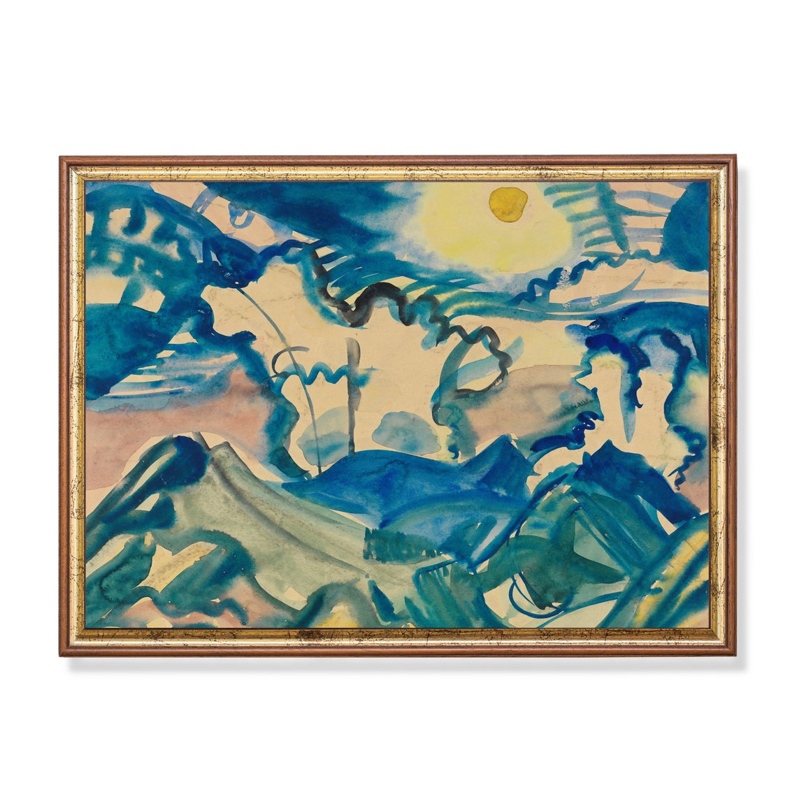 Abstract Blue Wave Watercolor With a Yellow Sun Modern Art Poster - Image 4