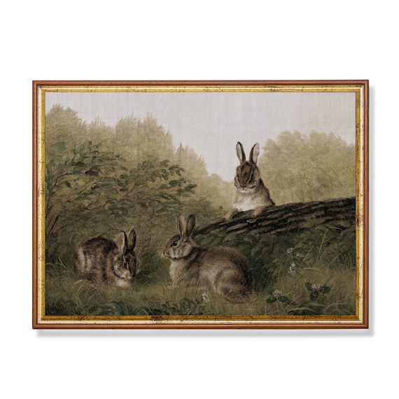 Three Rabbits In Woodland Meadow Antique Animal Painting Poster