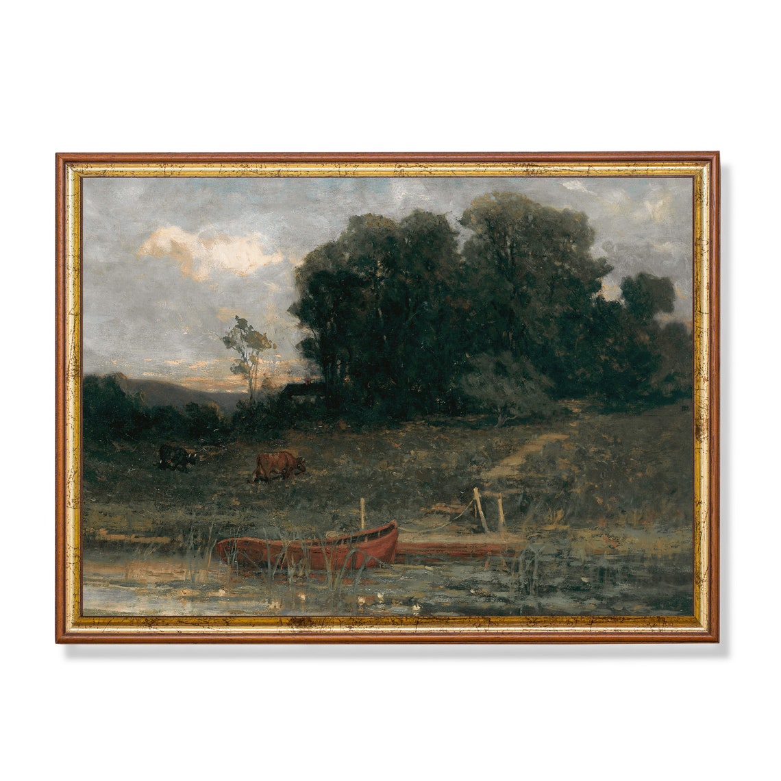 Red Rowboat at Riverside Dusk Antique Country Painting Poster