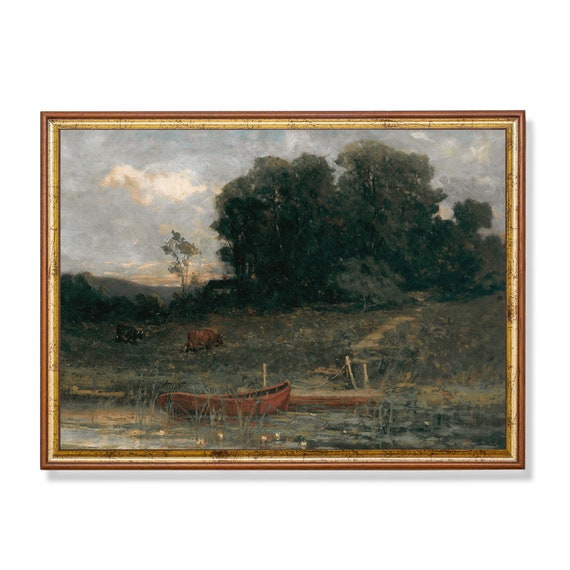 Print And Ship Vintage Landscape Painting Country Landscape Antique River Boat Fine Print Farmhouse Decor Mailed Print