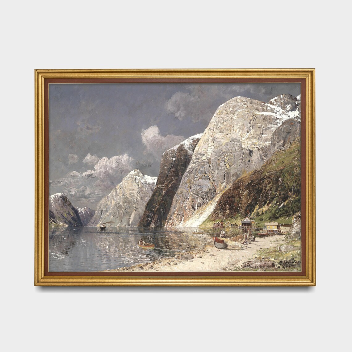 Vintage Norwegian Fjord Painting Snowy Mountains Lake Wall Art - Image 4