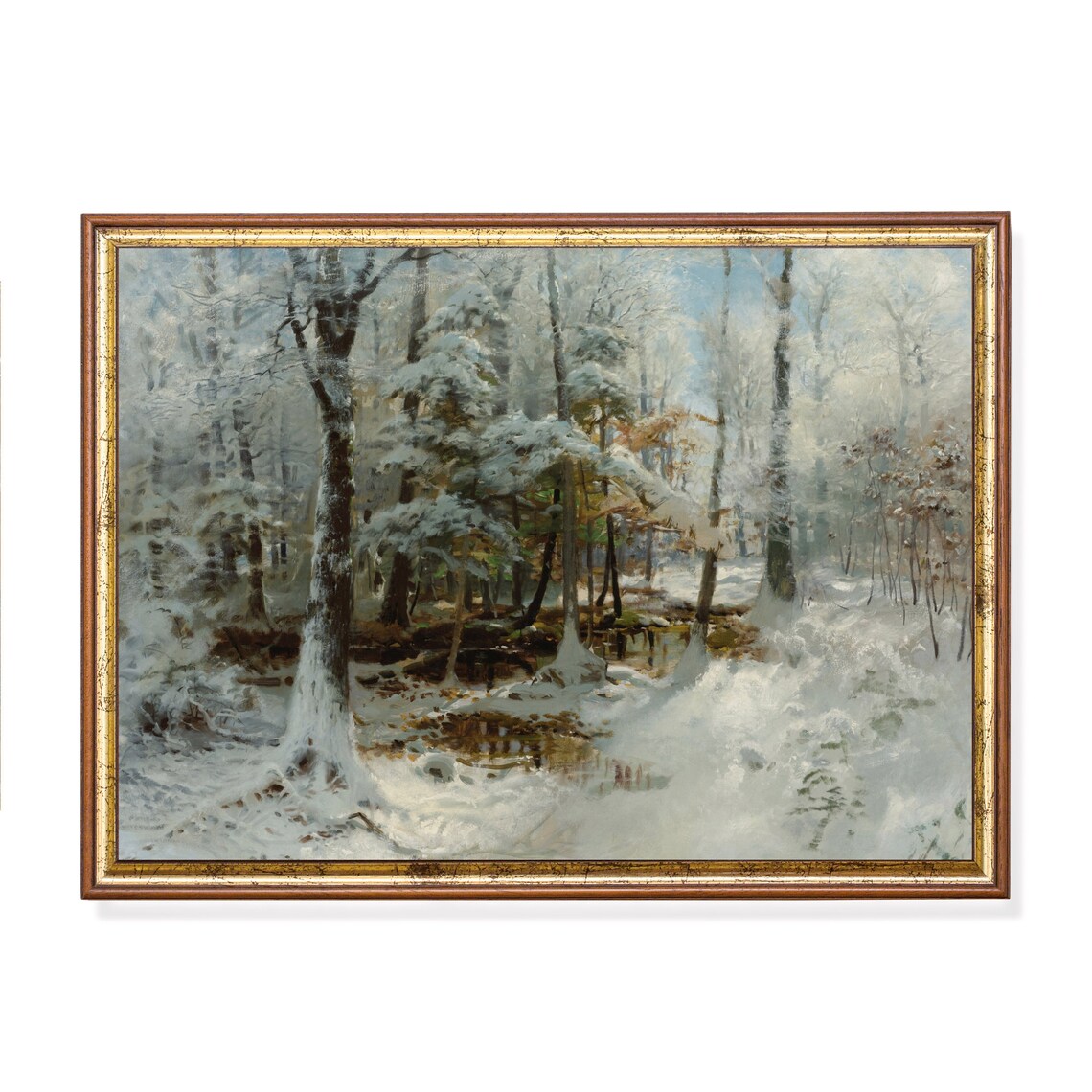 Frosty Winter Forest With a Stream Vintage Woodland Art Poster