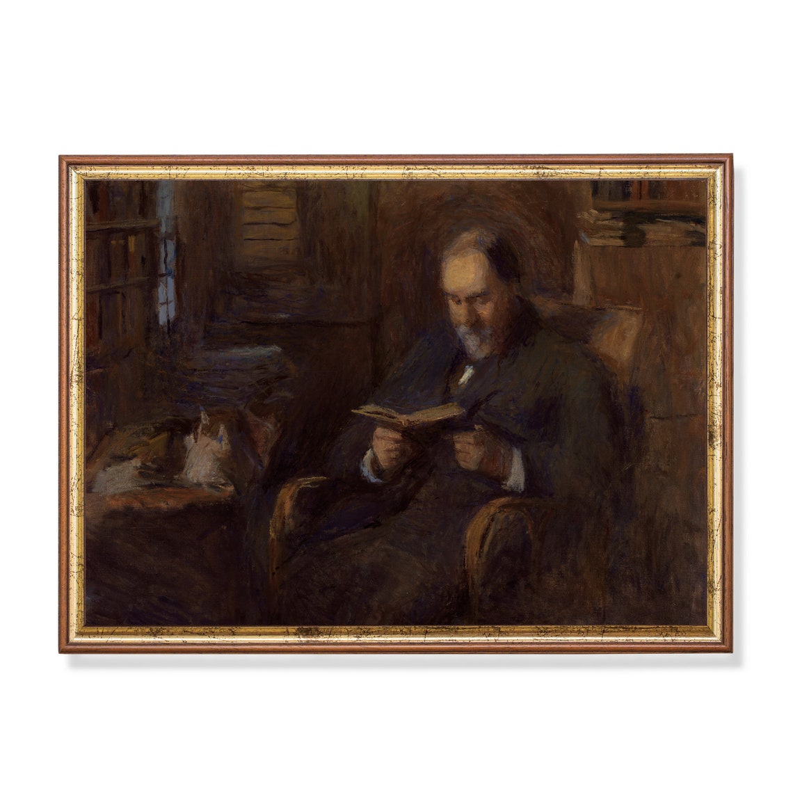 Elderly Scholar Reading by Lamplight in a Dark Library Poster