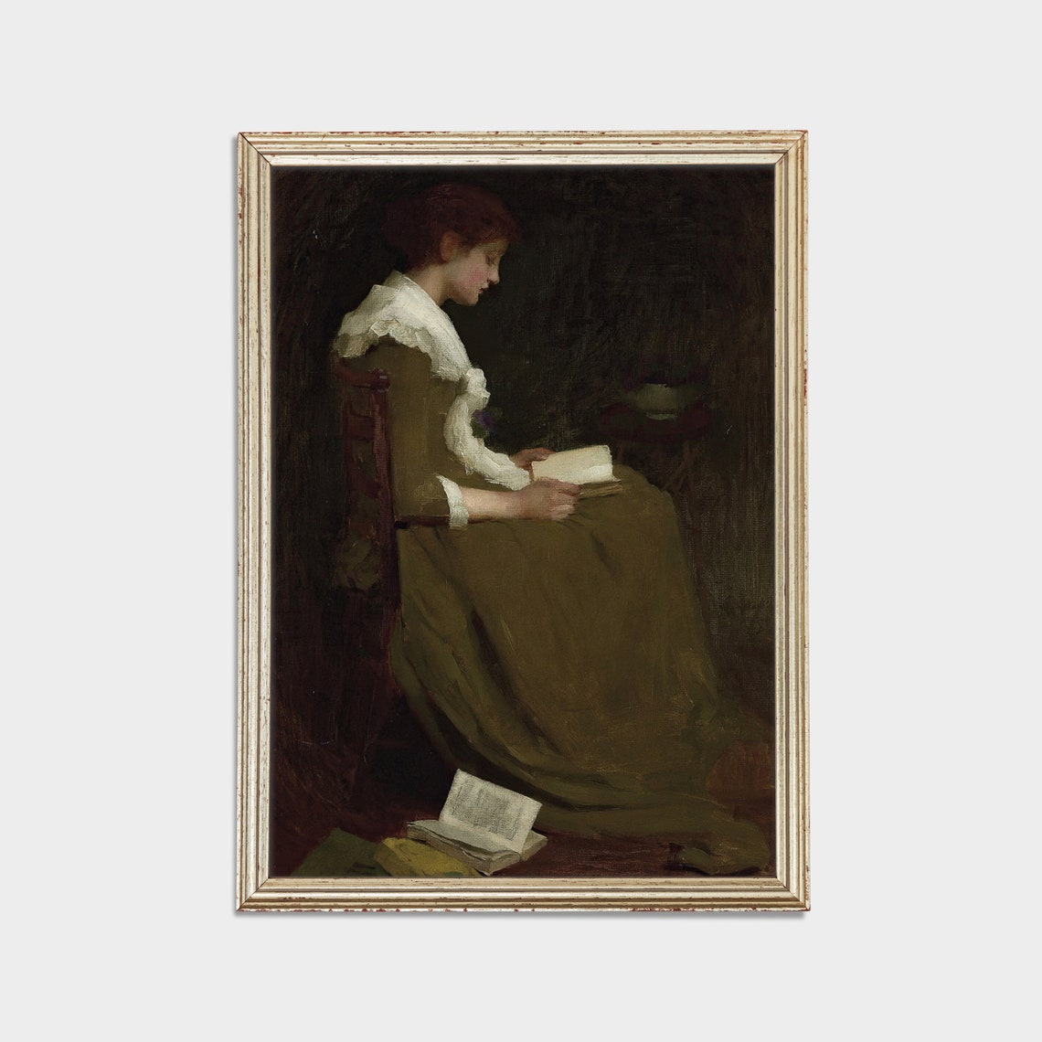 Woman in Green Dress Reading with Books Piled at Her Feet Poster - Image 3