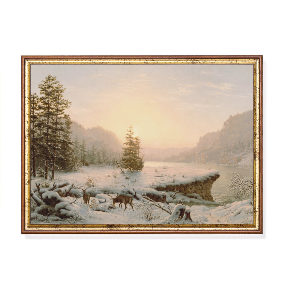 Deer Grazing at a Snowy Lakeshore Beneath a Winter Sunrise Poster
