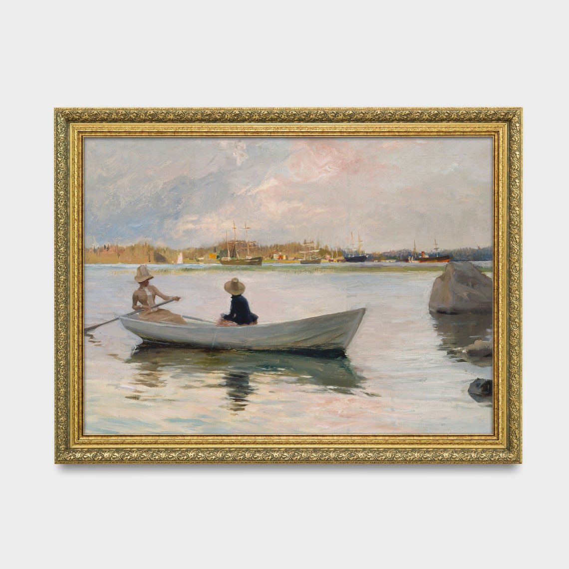 Two Women Rowing Boat Calm Lake Tall Ships Vintage Boating Poster - Image 2