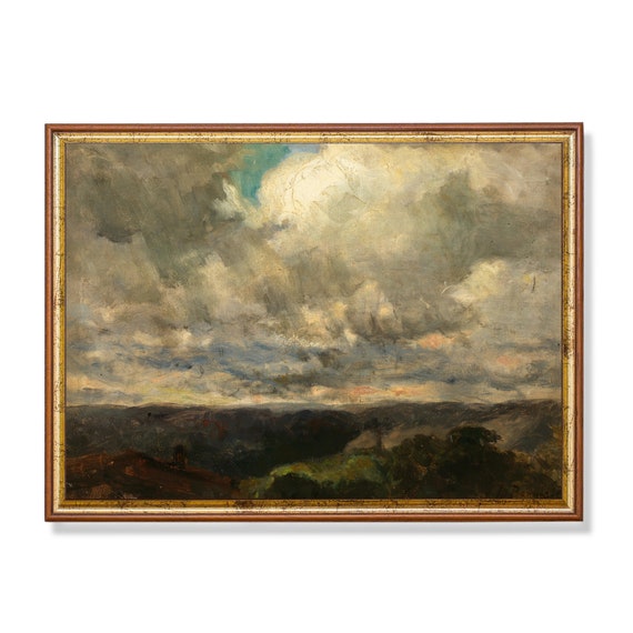 Mailed Print Vintage Landscape Painting Antique Sky Cloud Print Oil Painting Rustic Moody Horizon Art Print And Ship Fine Art