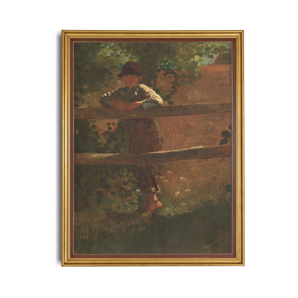 Barefoot Boy Leaning on a Weathered Wooden Fence Vintage Poster - Image 4