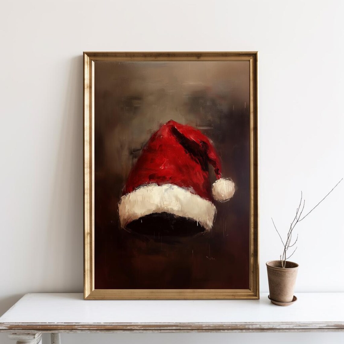Santa Hat Painting Christmas Still Life, Rustic Vintage Poster