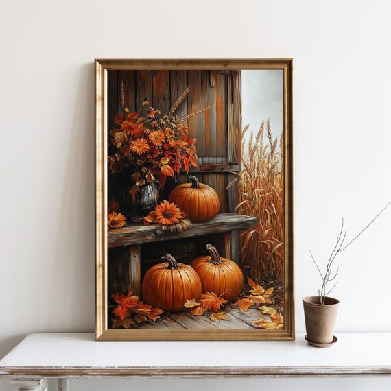 Harvest Pumpkins on Wooden Bench Rustic Fall Farmhouse Wall Art