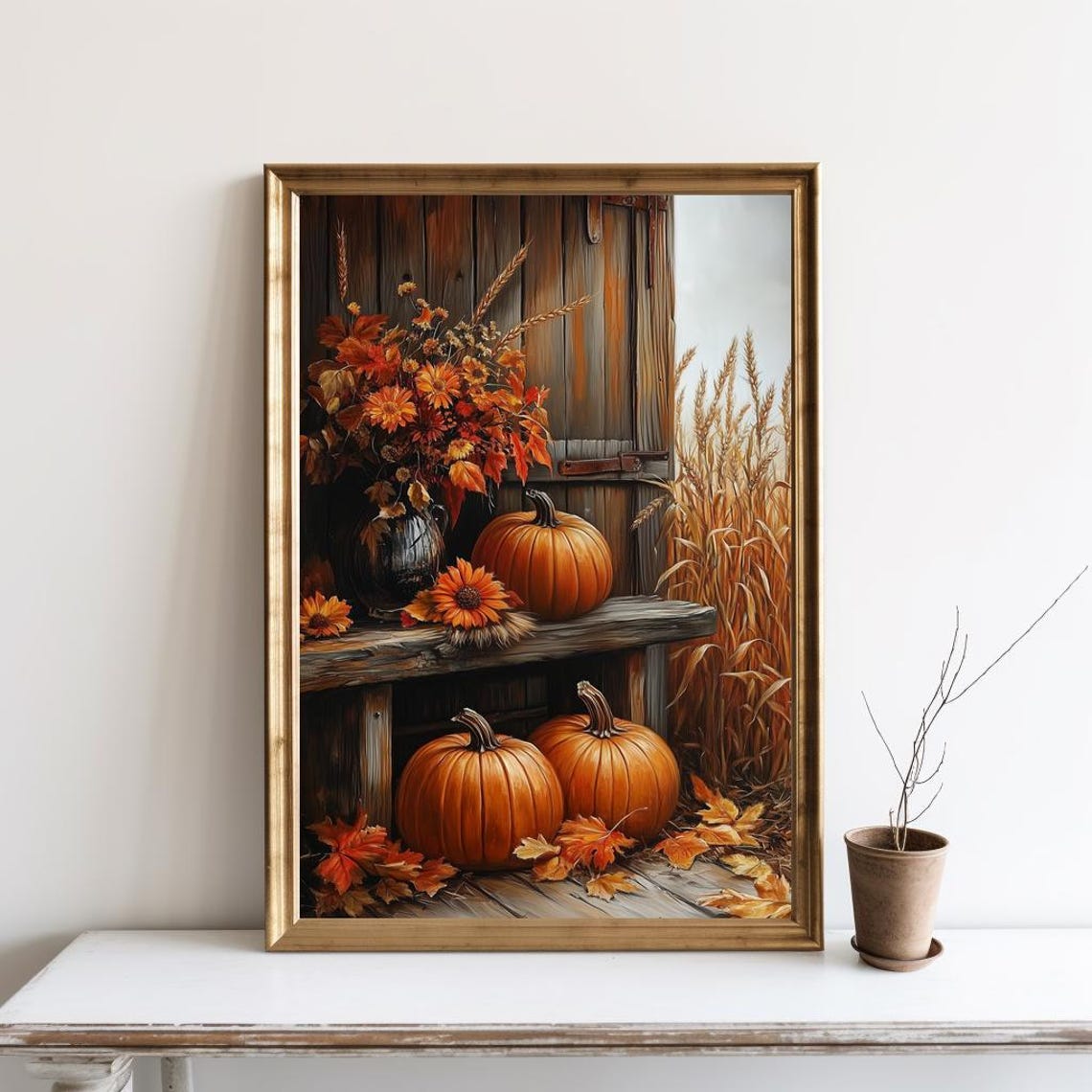 Harvest Pumpkins on Wooden Bench Rustic Fall Farmhouse Wall Art