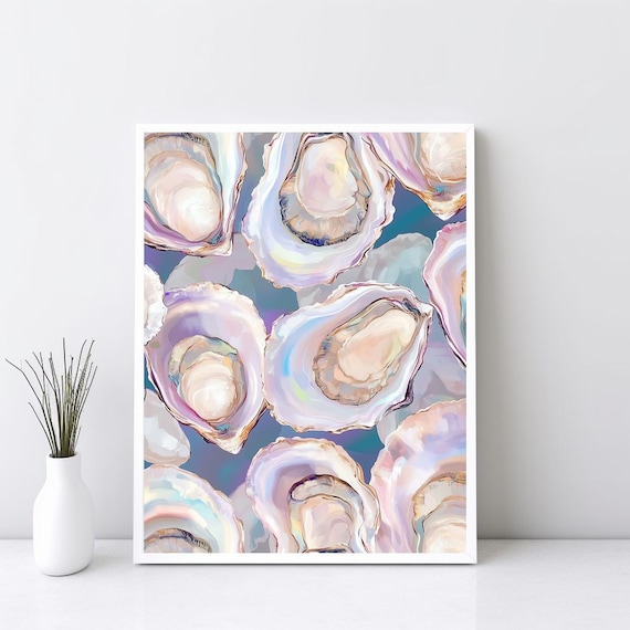Colorful Oyster Shells Iridescent Coastal Watercolor Art Poster
