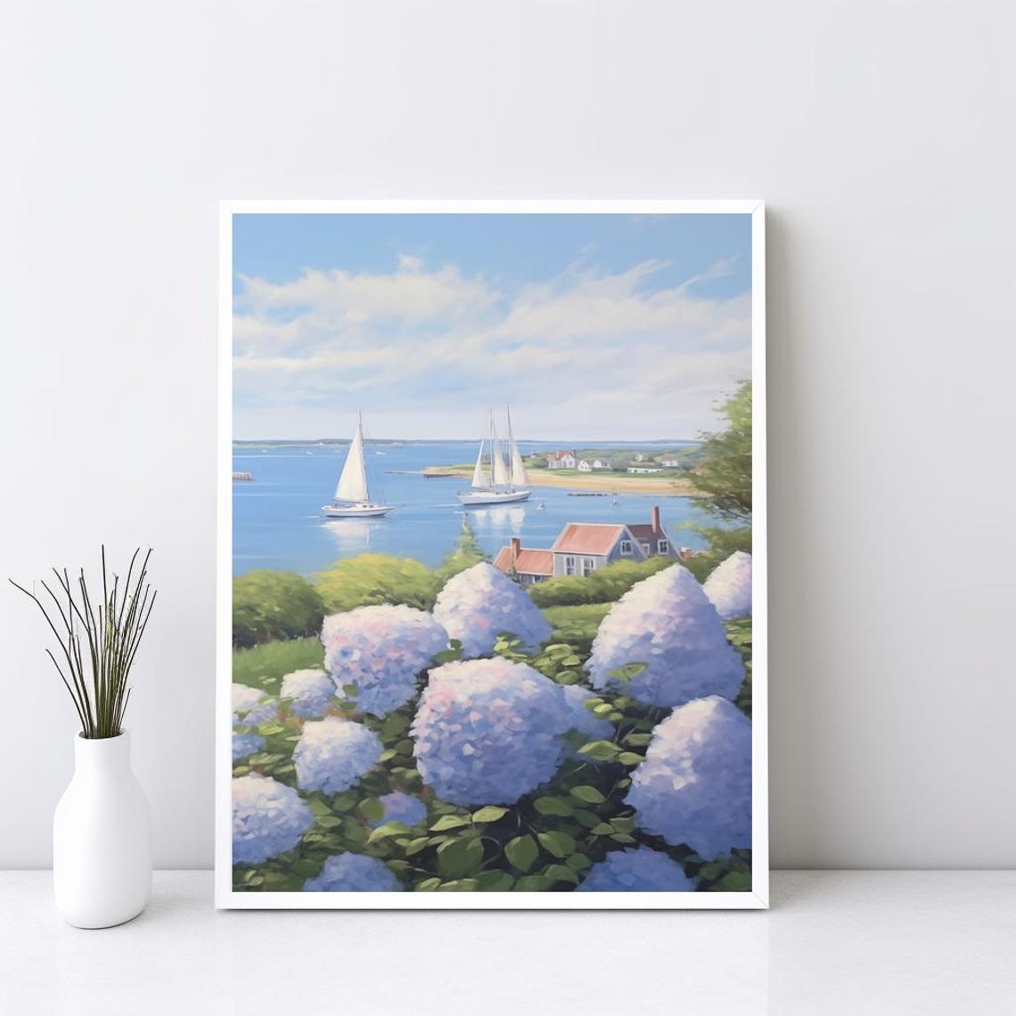 Seaside Sailboats Hydrangeas Coastal Harbor Painting Art Poster