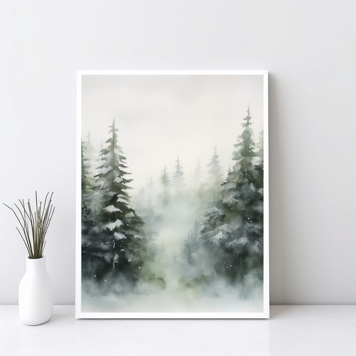 Misty Evergreen Forest Watercolor Winter Christmas Tree Art Poster
