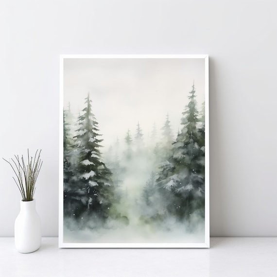Misty Evergreen Forest Watercolor Winter Christmas Tree Art Poster