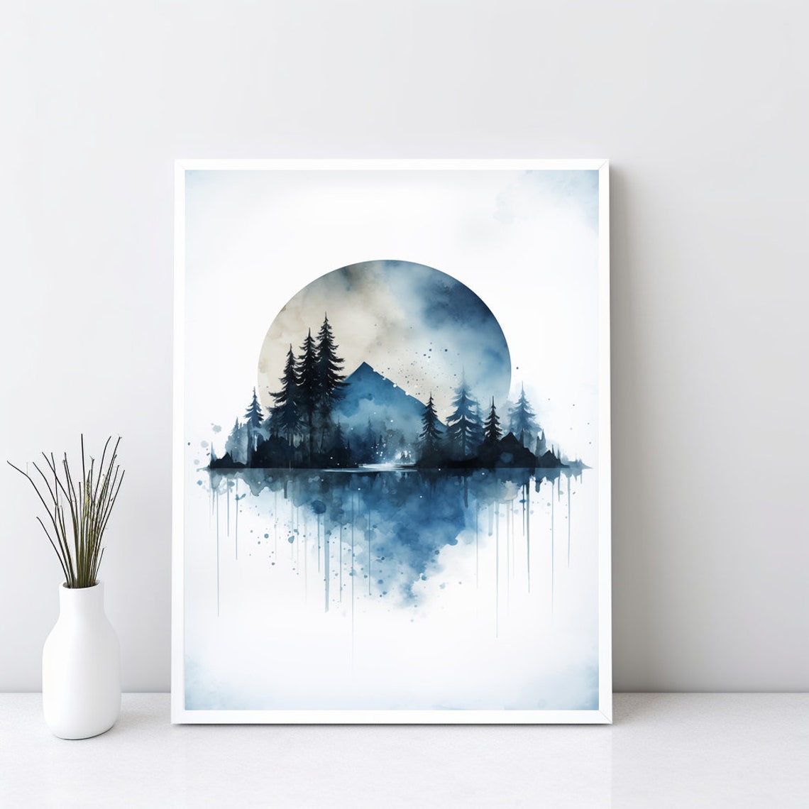 Blue Watercolor Mountain Pine Forest Moon Circle Reflection Art Poster