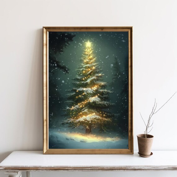 Snowy Christmas Tree Night Lights Vintage Oil Painting Wall Art