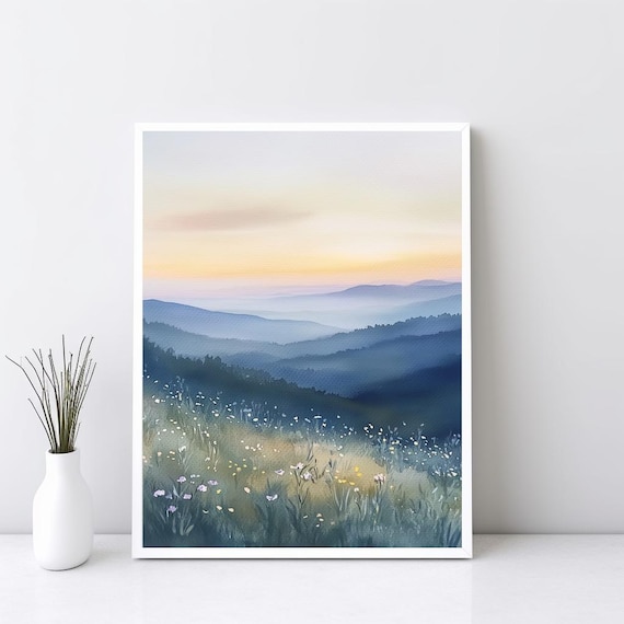Smoky Mountains Sunrise Wildflower Meadow Watercolor Art Poster