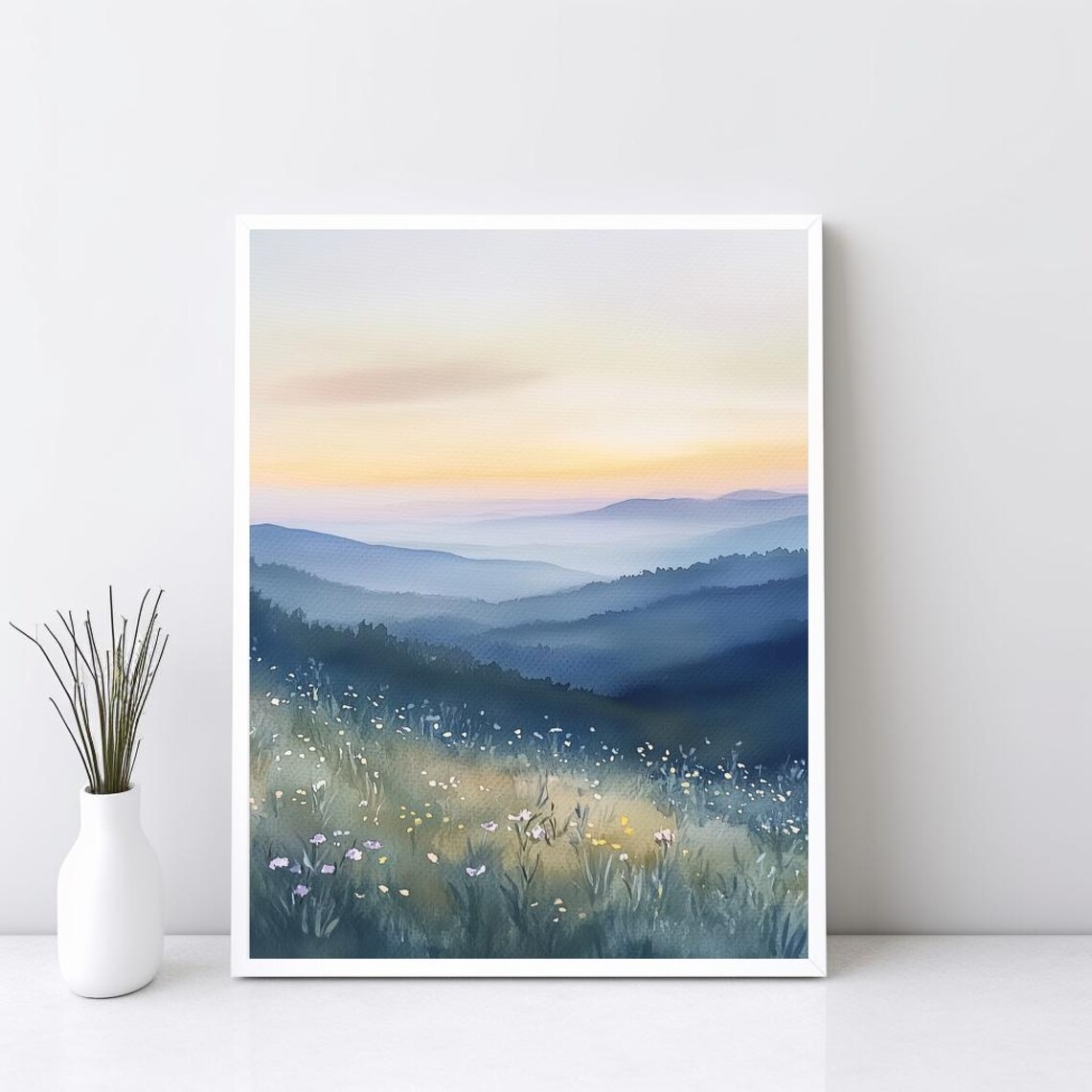 Smoky Mountains Sunrise Wildflower Meadow Watercolor Art Poster