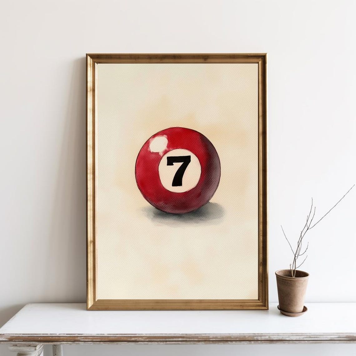 Lucky Number Seven Pool Ball Vintage Hand Drawn Billiard Poster