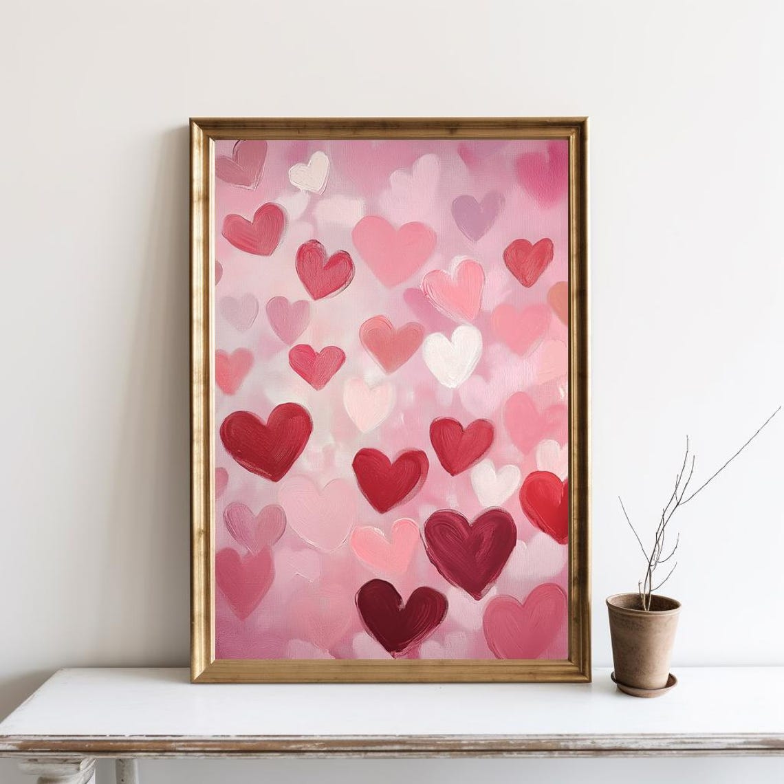 Red Pink Painted Hearts Pattern Romantic Valentine Love Art Poster