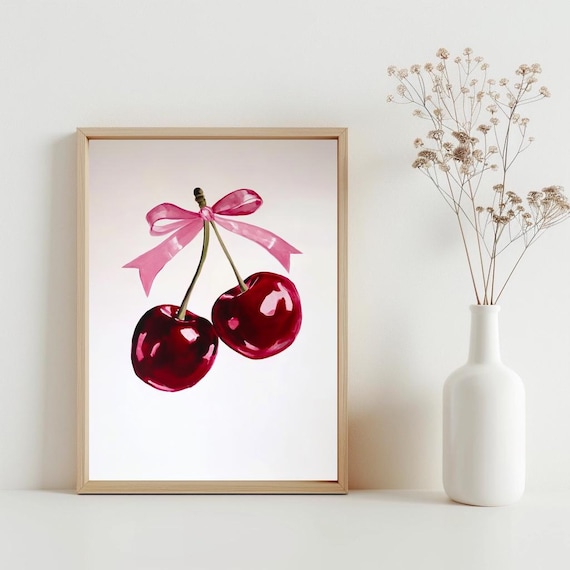 Cherry Pair Pink Bow Coquette Watercolor Trendy Girly Poster