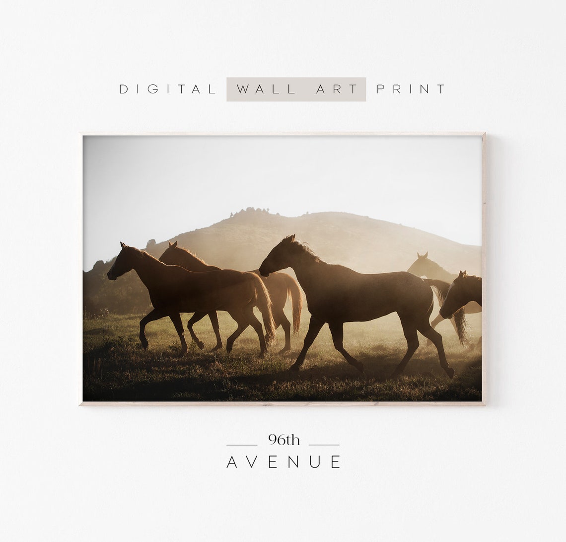 Wild Horses Galloping Sunset Dusty Pasture Freedom Spirit Print
