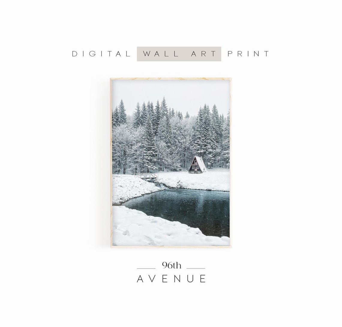 A-Frame Cabin by a Snowy Forest Pond Cozy Winter Retreat Poster
