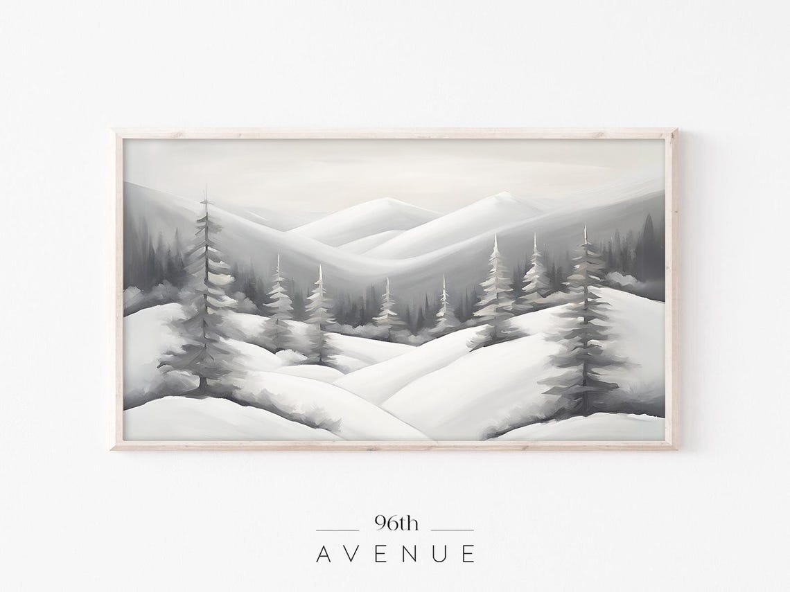 Snowy Pine Trees and Misty White Mountain Hills Winter Print