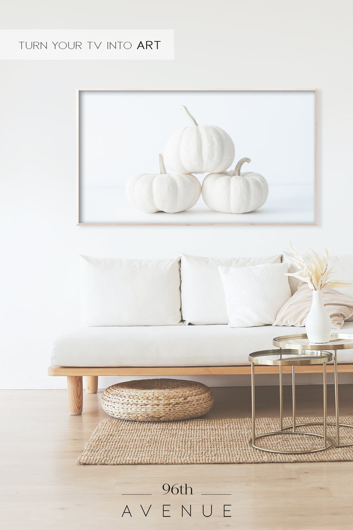 Three Minimalist White Pumpkins on White Autumn Still Life Poster - Image 2
