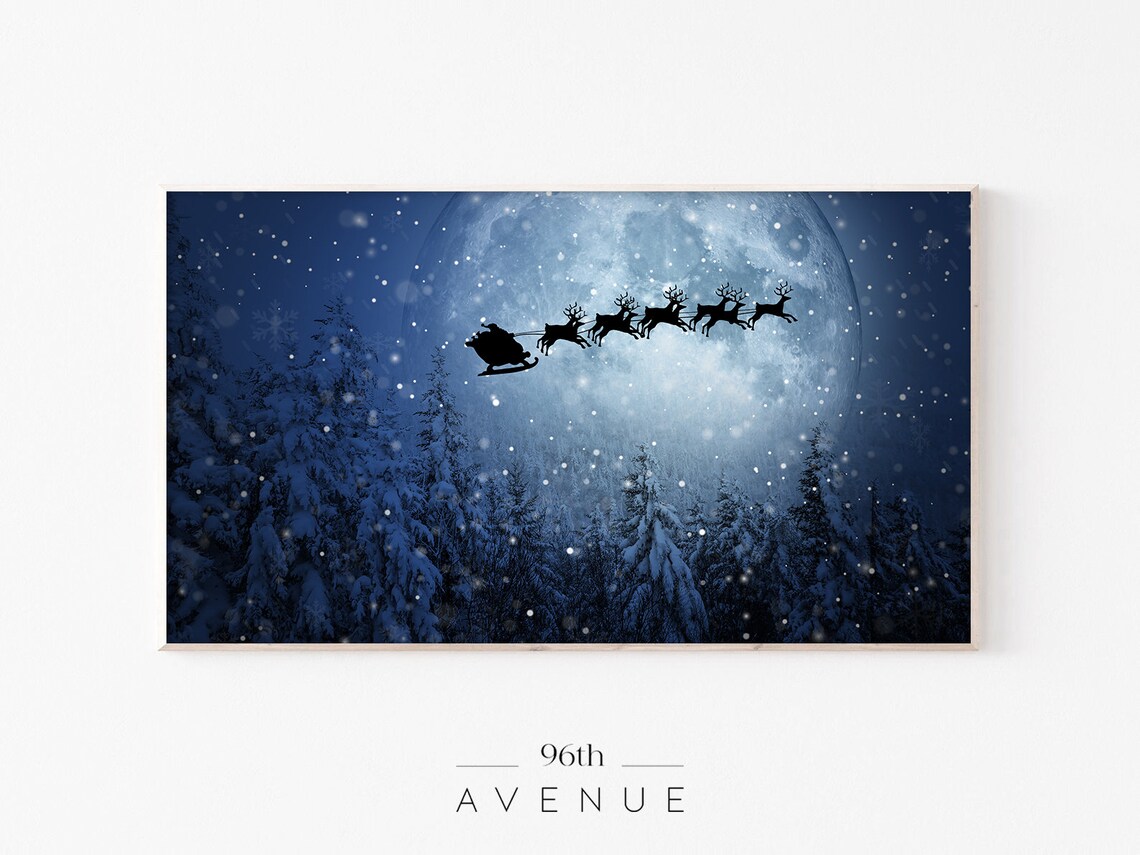 Santa Claus Sleigh Reindeer Blue Christmas Art Print