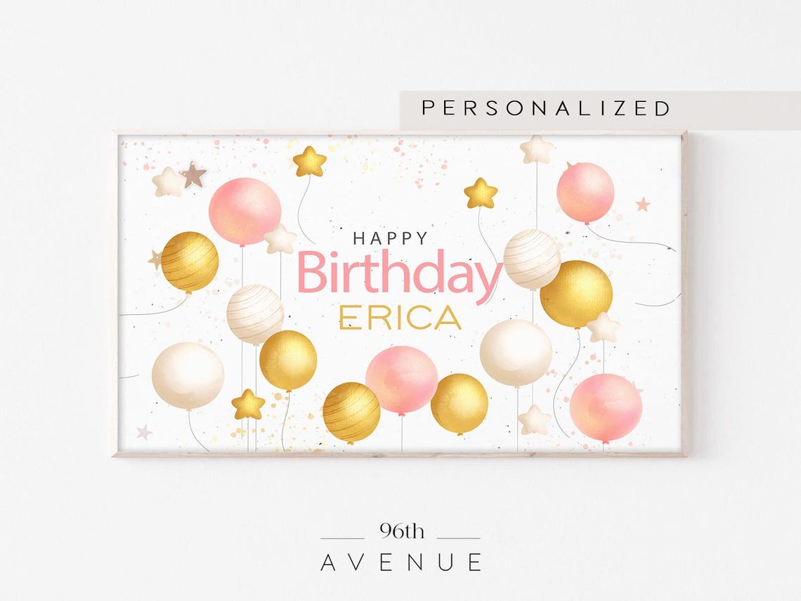 Happy Birthday Balloons Personalized Name Gold Pink Party Poster