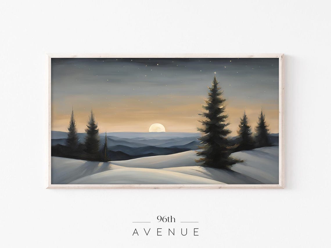 Snowy Winter Night Mountains With Full Moon Stars and Pines Print