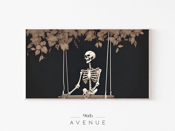 Skeleton on a Swing Dark Halloween Monochrome Vintage Art Poster