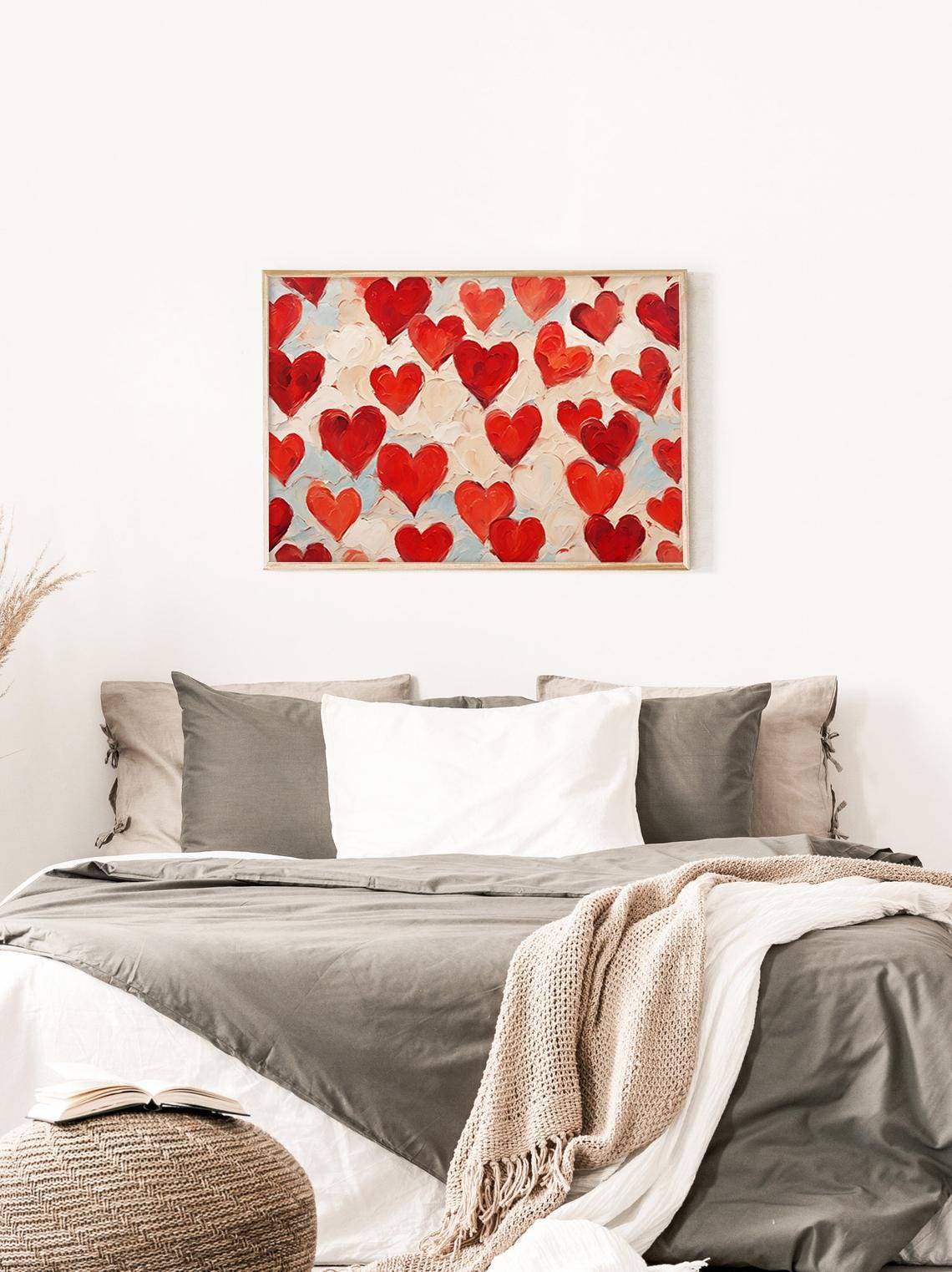 Red Hearts Repeat Pattern Cream Pale Blue Valentine Love Art Print - Image 3