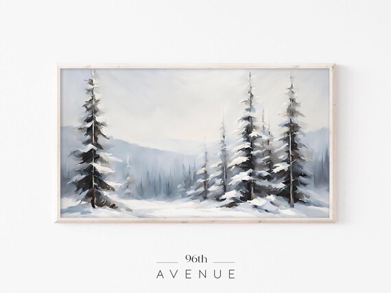 Snow Covered Pine Forest with Distant Mountain Landscape Poster