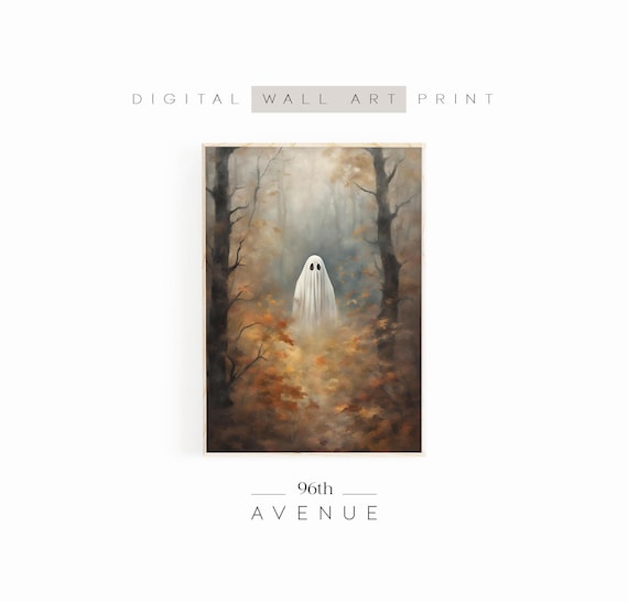 Ghost In Forest Print Fall Wall Decor Spooky Halloween Wall Art Autumn Moody Painting