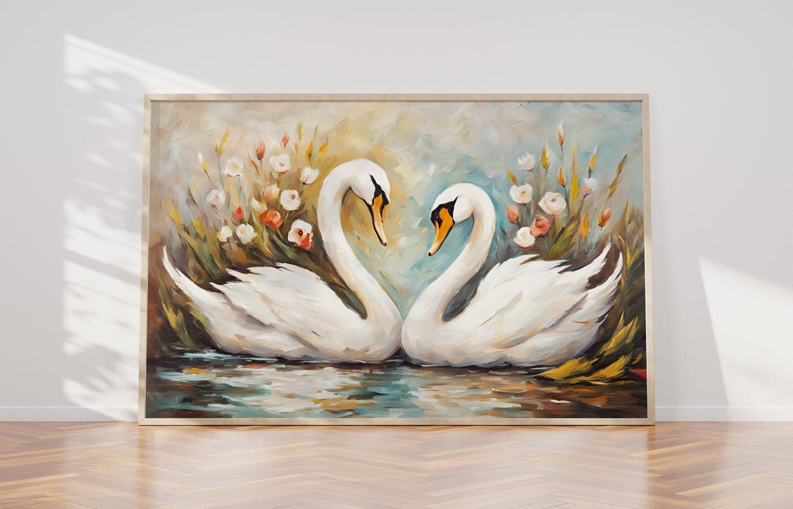 Two White Swans Forming Heart on Pond Floral Painting Art Print - Image 3