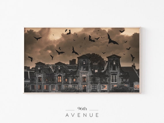 Haunted House Halloween Art Print, Flying Bats