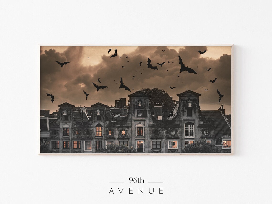 Haunted House Halloween Art Print, Flying Bats