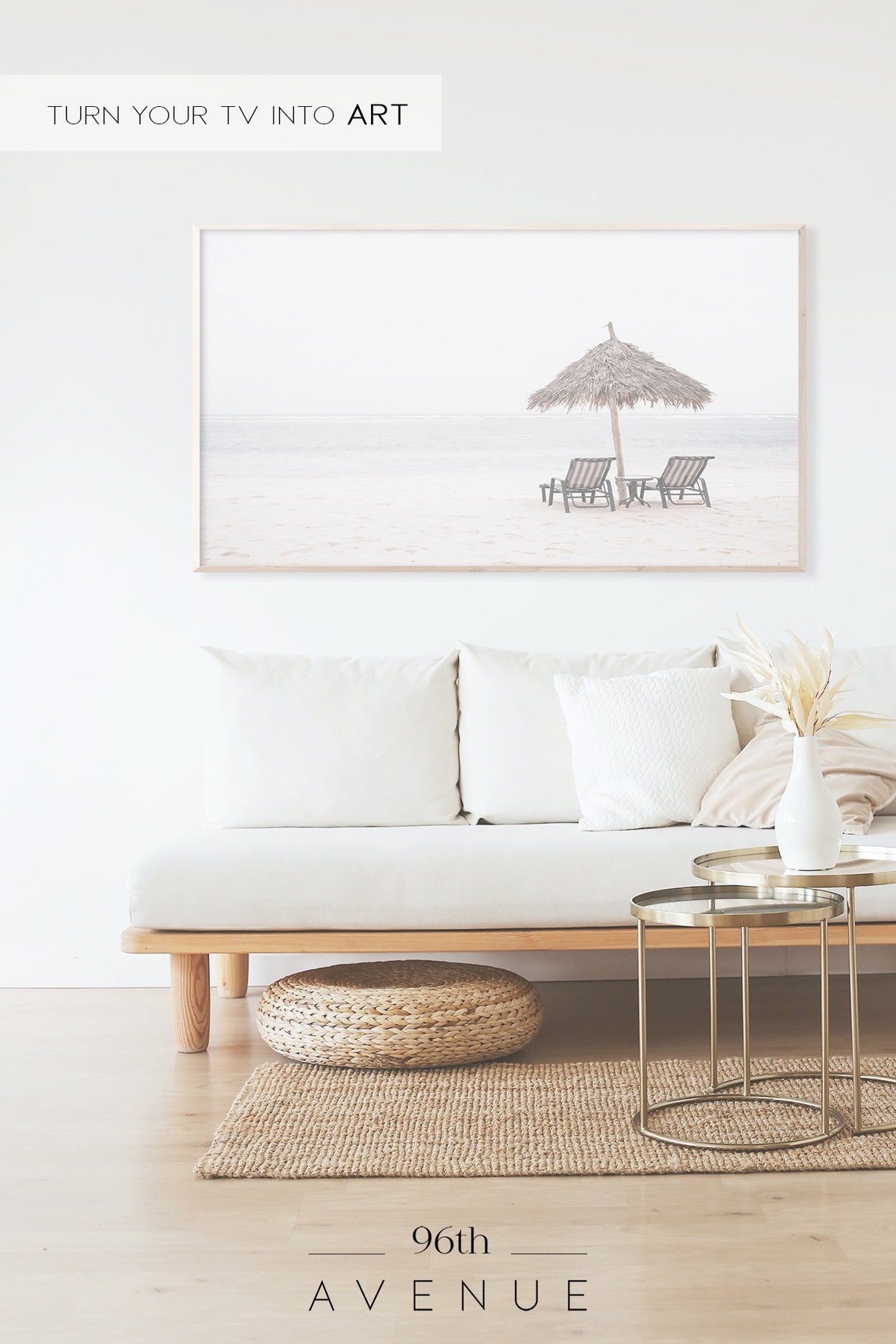 Whitewashed Beach Thatched Umbrella Two Chairs Minimal Poster - Image 2