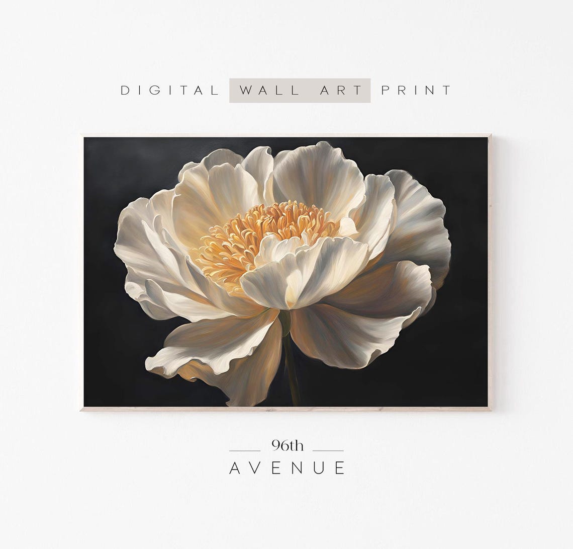 White Peony Black Background Moody Botanical Painting Poster
