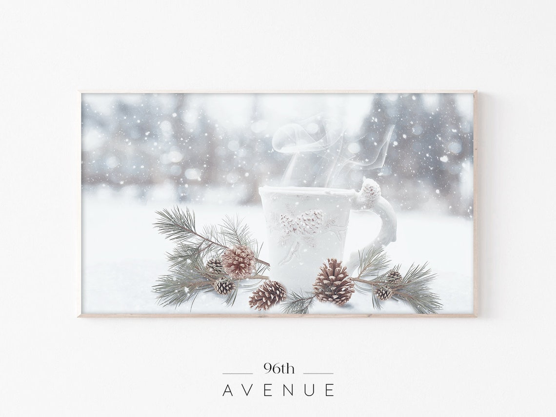 Steaming Hot Cocoa Mug with Pinecones in Falling Snow Poster