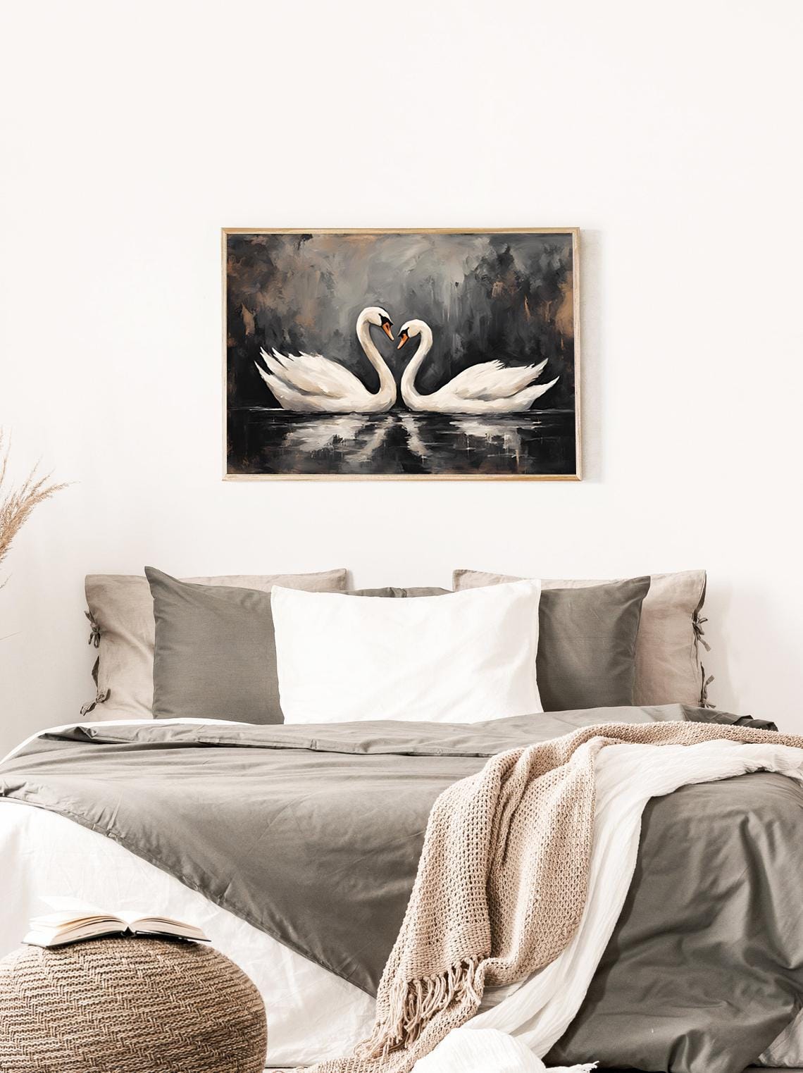Two White Swans on Dark Water Moody Gothic Bird Painting Art Print - Image 3