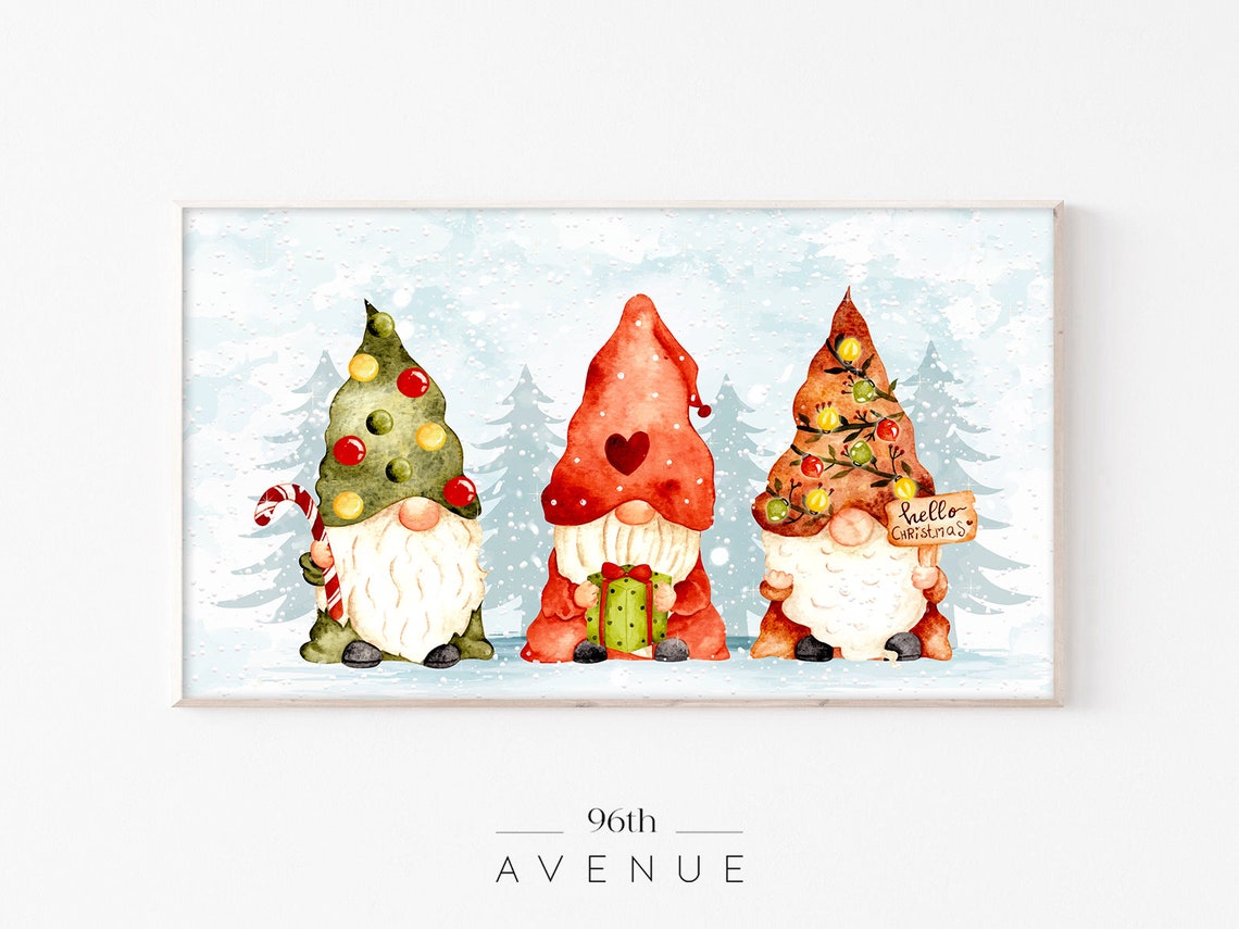 Three Watercolor Christmas Gnomes in Snow Hello Christmas Poster
