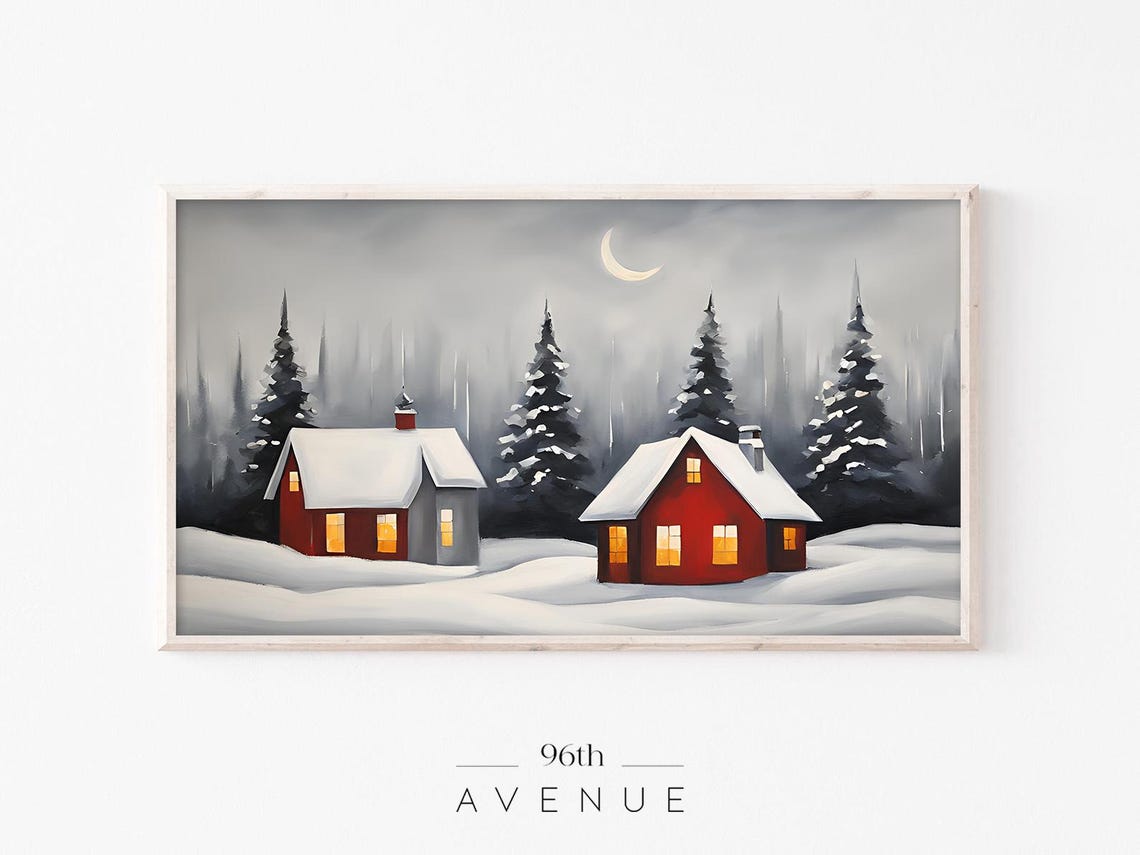Cozy Red Cabins Under Crescent Moon Snowy Winter Night Poster