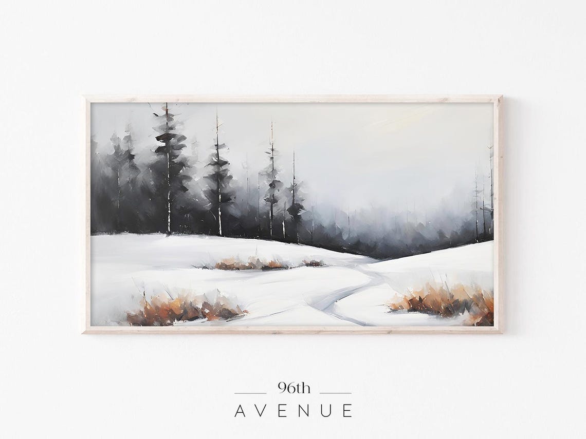 Rustic Neutral Misty Winter Forest With Tall Trees Snowy Print