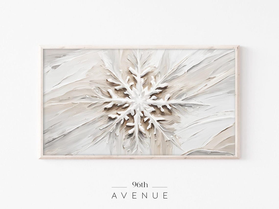 White Snowflake Textured Oil Painting on Neutral Beige Winter Print